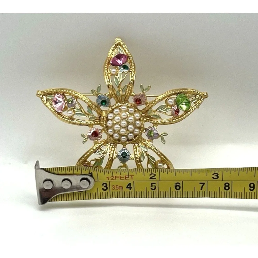 Vintage Rhinestone Pearl Brooch Signed Tiara Misu IV Pastel‎ Flower Gold Toned